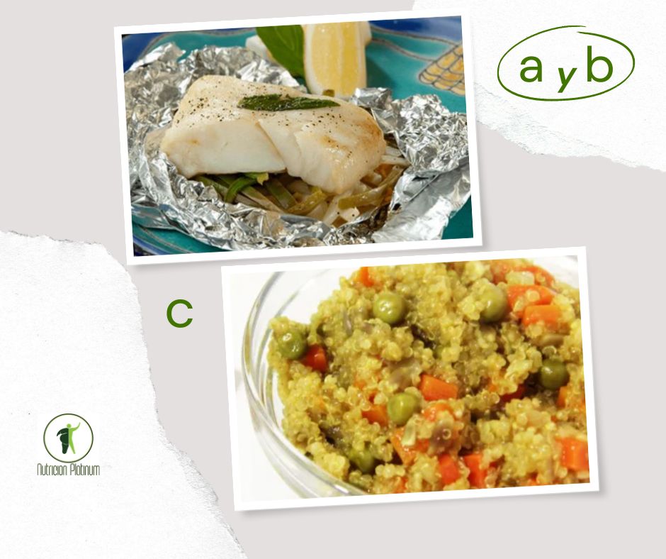 corvina en papillote con quinoa, curry y guisantes
